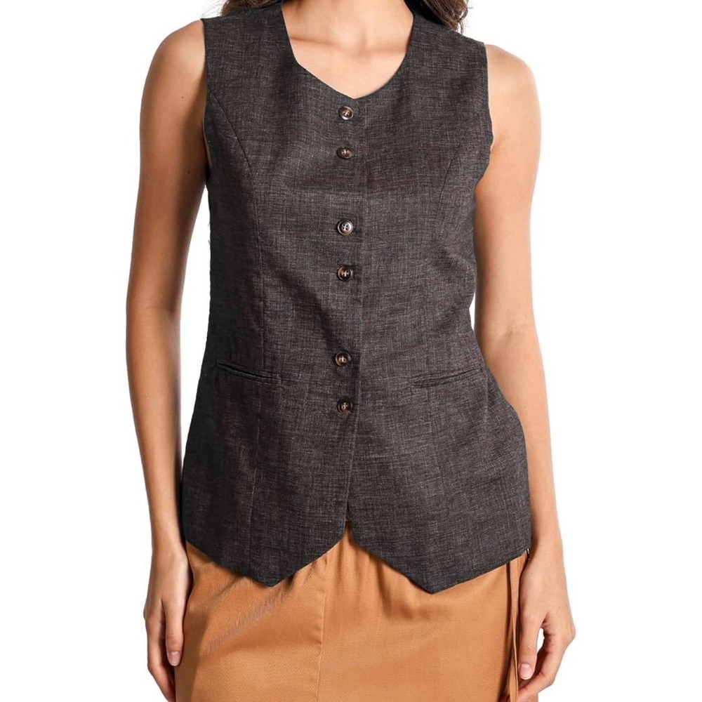 Eelotile Linen Blend Mid Length Sleeveless Button Down Waistcoat Vest Sz Small
